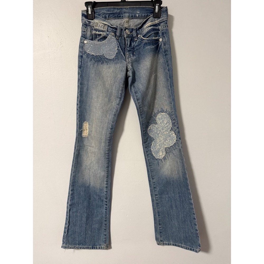 BCBG MaxAzria Agnes Jeans 24 Blue Low Rise Bootcut Distressed Patch Cotton Y2K